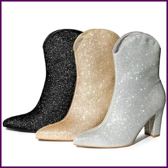 Glitter Pointy Toe Mid Calf Boots with Block Heel and Back Zipper - Picture 4 of 7